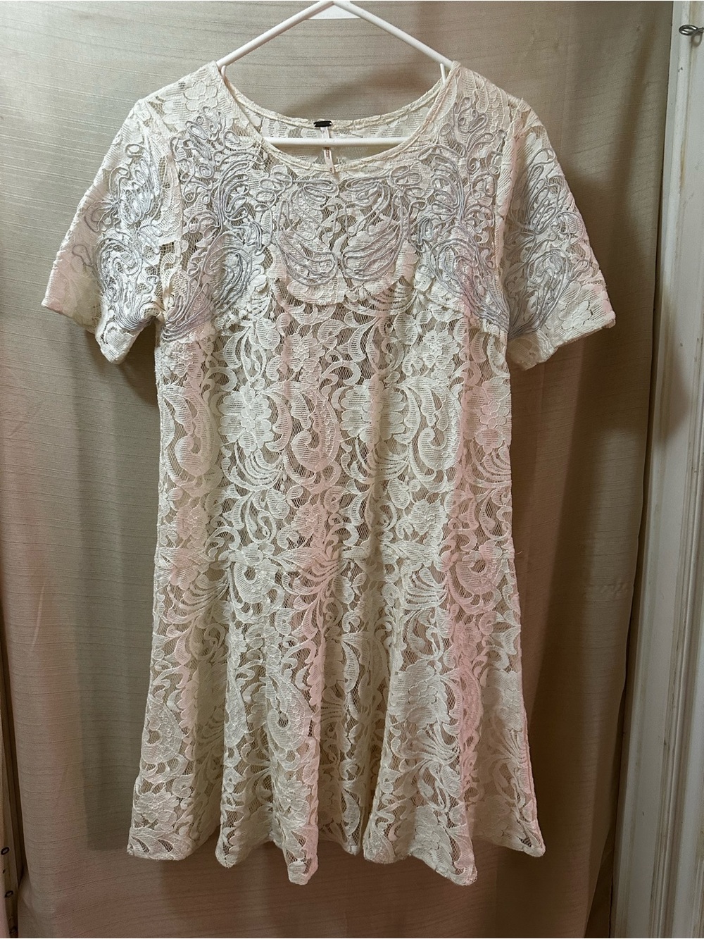 Free People Ivory Lace Mini Dress Embroidered Floral Boho Short Sleeve Romantic